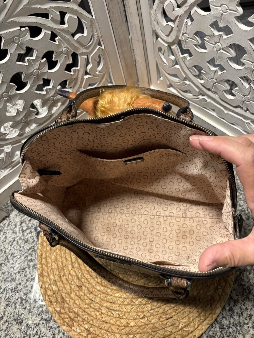 GUESS Brown Two-Tone Logo Satchel - Picture 13 of 14